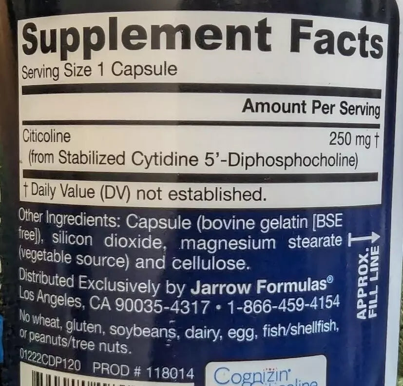 Jarrow Formulas Citicoline CDP Choline 250 mg 120 Capsules EXP 7/24 For Brain