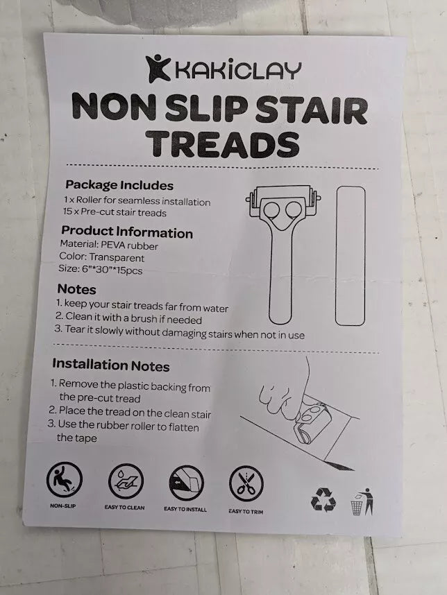 KAKICLAY 15-Piece Clear 6" x 30" PEVA Rubber Non-Slip Stairs Treads with Roller