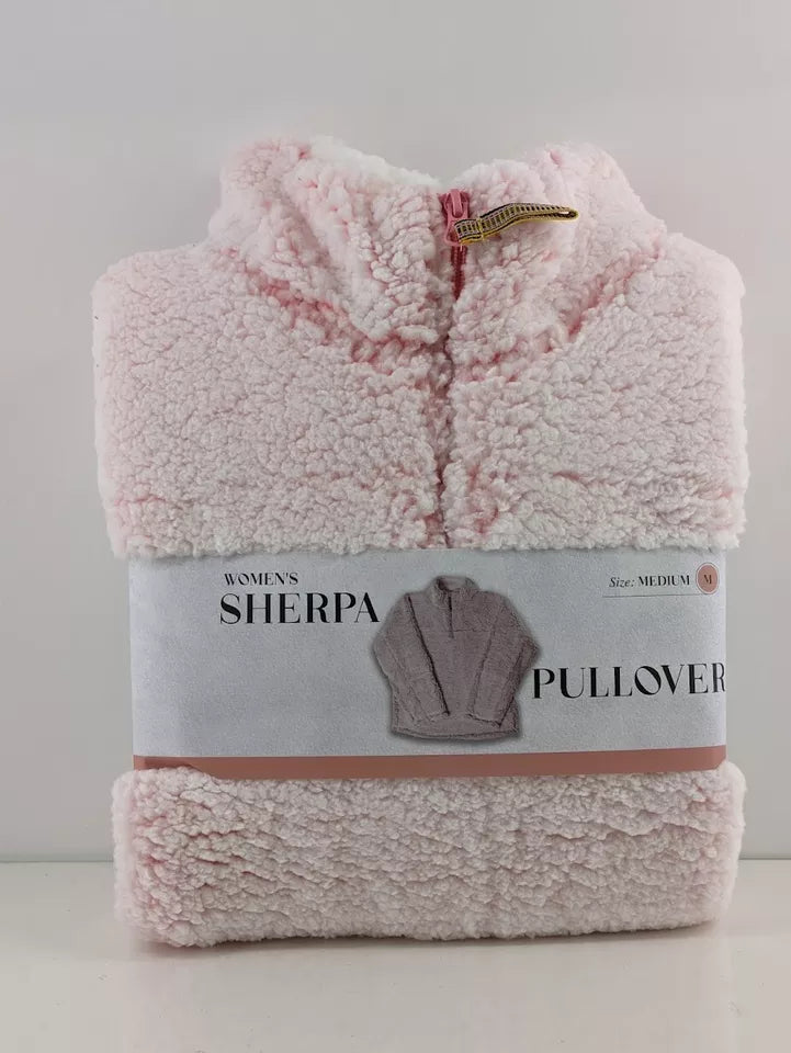 Women's Long Sleeve Zip Faux Sherpa Pullover Sleep Top Baby Pink Super Soft MEDIUM