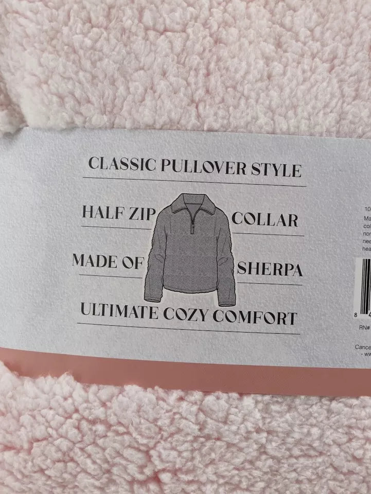 Women's Long Sleeve Zip Faux Sherpa Pullover Sleep Top Baby Pink Super Soft MEDIUM