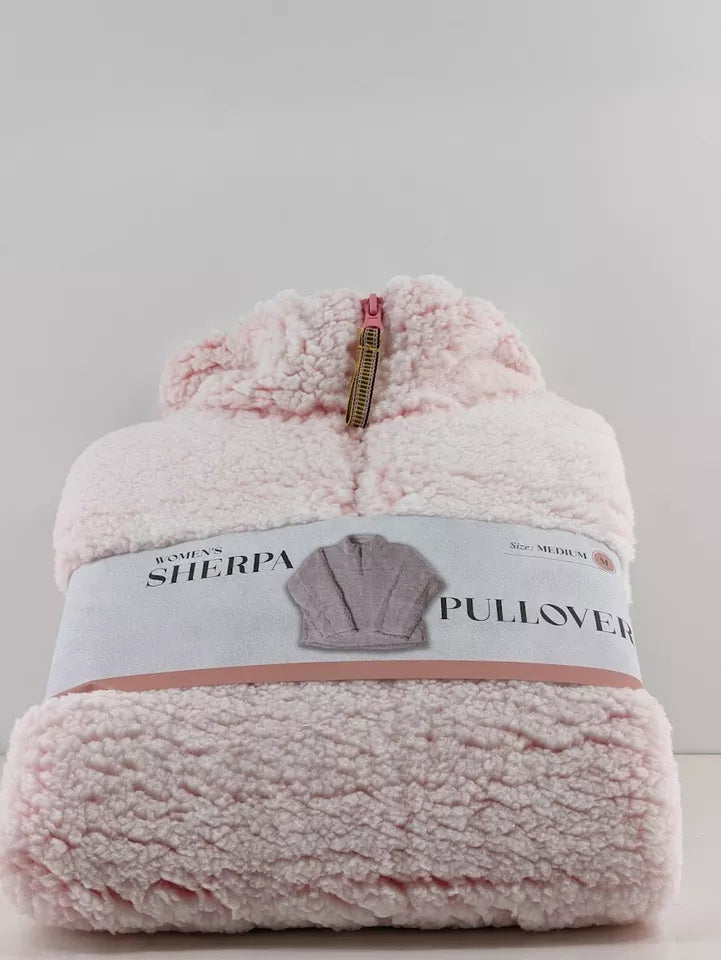 Women's Long Sleeve Zip Faux Sherpa Pullover Sleep Top Baby Pink Super Soft MEDIUM