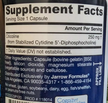 Jarrow Formulas Citicoline CDP Choline 250 mg 120 Capsules EXP 7/24 For Brain