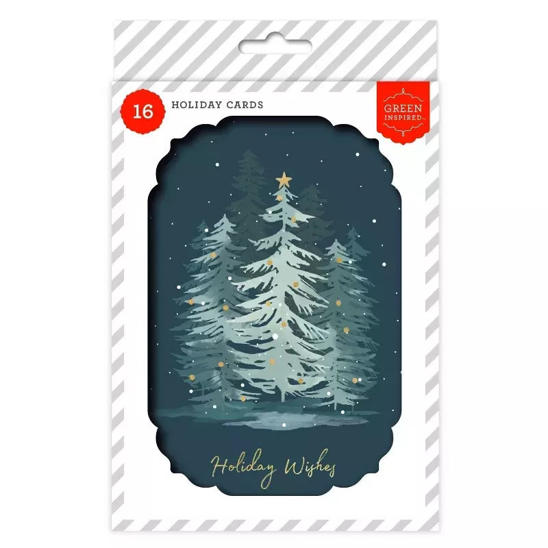 Green Inspired 16ct Evening Forest Tree Holiday/Christmas Greeting Card Pack