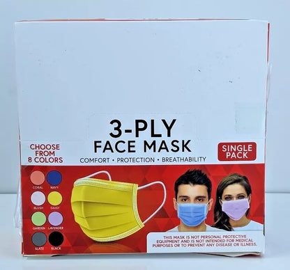 80 Individually Wrapped 3-Ply Disposable Face Mask 8 Colors Facemasks