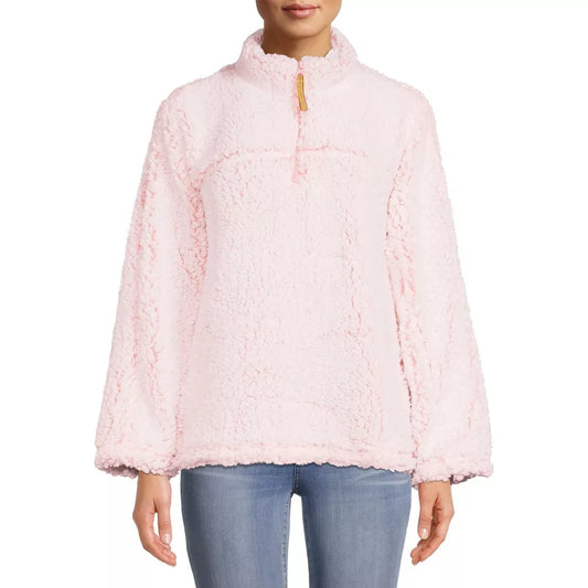 Women's Long Sleeve Zip Faux Sherpa Pullover Sleep Top Baby Pink Super Soft MEDIUM