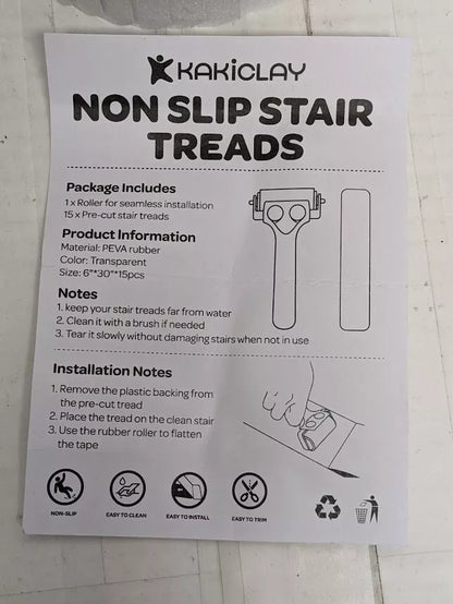 KAKICLAY 15-Piece Clear 6" x 30" PEVA Rubber Non-Slip Stairs Treads with Roller