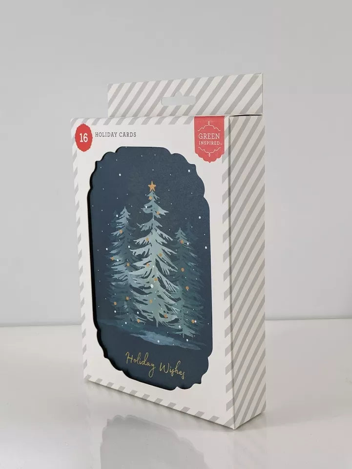 Green Inspired 16ct Evening Forest Tree Holiday/Christmas Greeting Card Pack