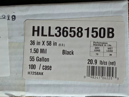 Can Liners Trash Bag Low-Density Waste 55 Gal. 1.50 Mil 36" x 58" Black 100 Bags per Box