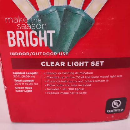 Make the Season Bright Indoor/Outdoor 100 Clear Lights 20 FT Green Wire String Christmas Holiday