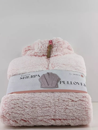 Women's Long Sleeve Zip Faux Sherpa Pullover Sleep Top Baby Pink Super Soft MEDIUM