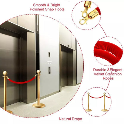 6 Foot Red Velvet Rope 1.2" Thick Crowd Control Barrier Gold Hooks Party Wedding